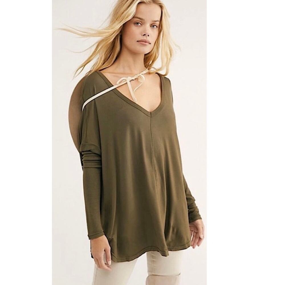 Free People Olive Green Moonshine V Neck Long Sleeve Tunic Top Oversized XS